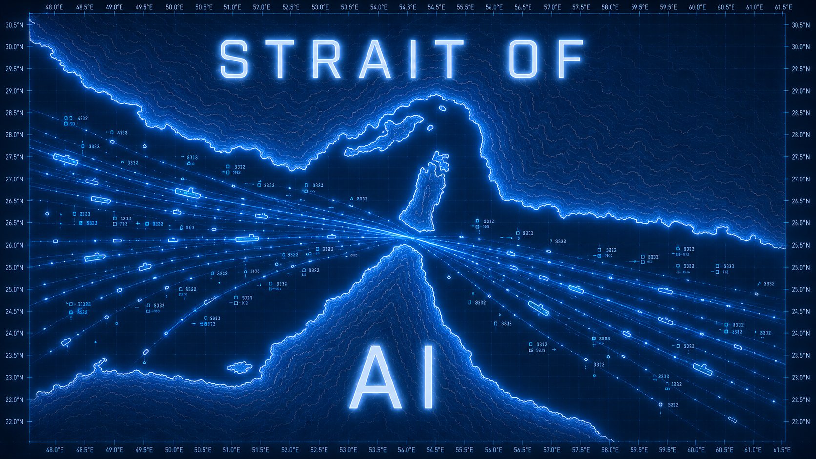 A stylised navigation chart of the Strait of Hormuz rendered as data streams converging through the narrow.